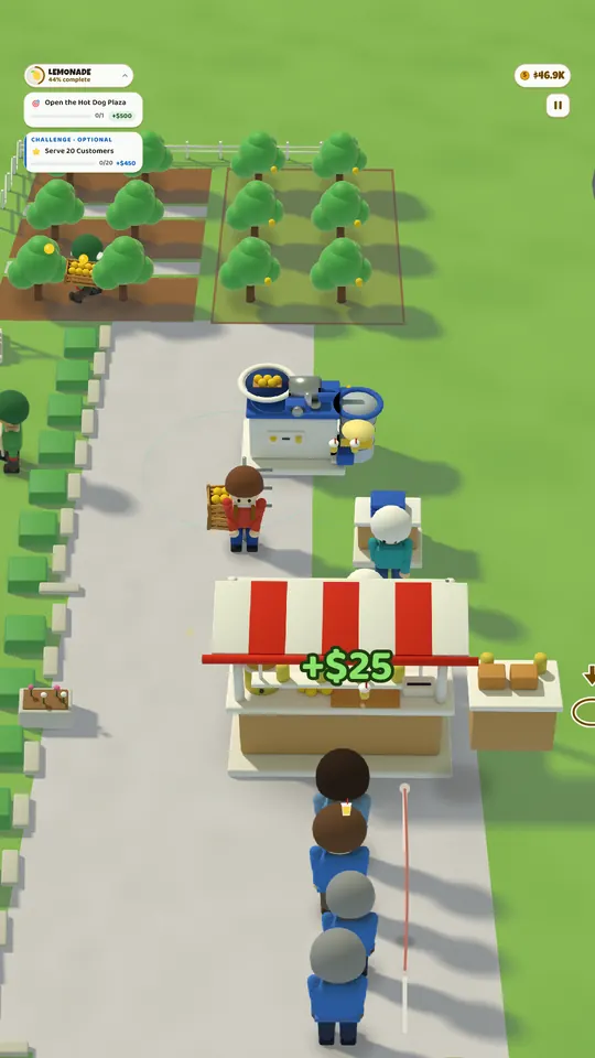 Lemonade Lane: lemon trees, the juicer and the lemonade stand with a queue of customers