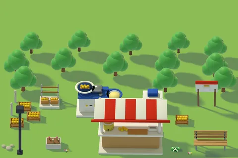 Stage 01, Lemonade Lane: an orchard and a folding stand